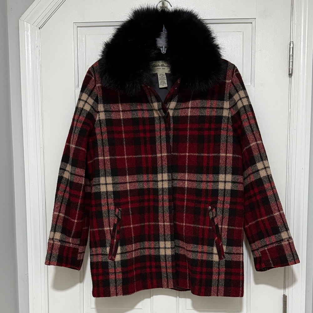 Eddie Bauer Plaid Women's Jacket with Faux Fur Detachable Collar - Picture 1 of 6